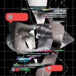 Коллаж с цифровыми элементами, абстрактными фигурами и сетчатым фоном.