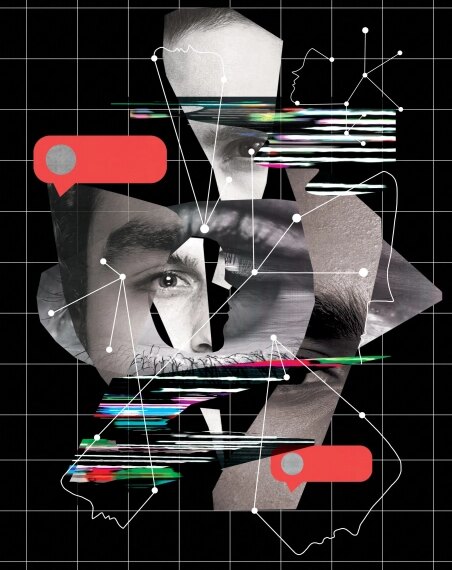 Коллаж с цифровыми элементами, абстрактными фигурами и сетчатым фоном.