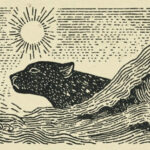 Гравюра с изображением ягуара в волнах под солнцем, черно-белая иллюстрация.