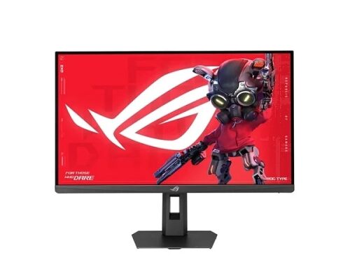 Монитор ASUS ROG с футуристическим дизайном и красочным экраном.