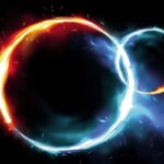 Огненный и ледяной круги на черном фоне, контрастные цвета энергии.