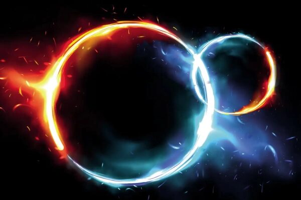 Огненный и ледяной круги на черном фоне, контрастные цвета энергии.