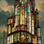 Фантастическое здание из стекла и стали на фоне облаков и неба.