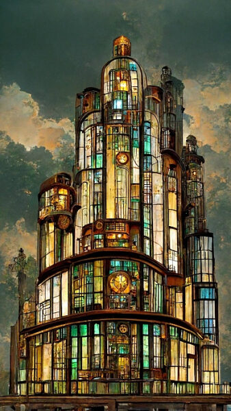 Фантастическое здание из стекла и стали на фоне облаков и неба.