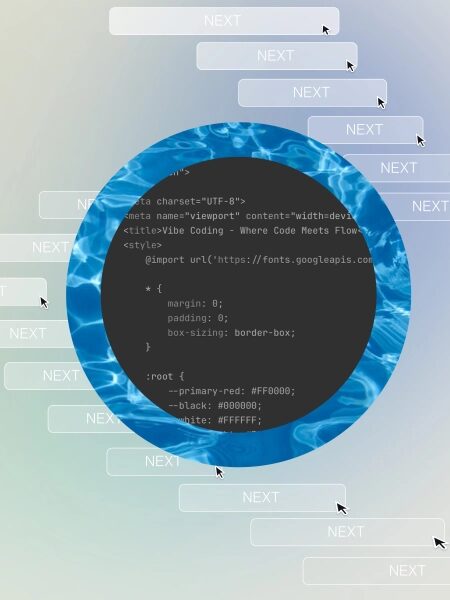Код CSS и HTML в круге на фоне с множеством кнопок "NEXT" и курсорами.