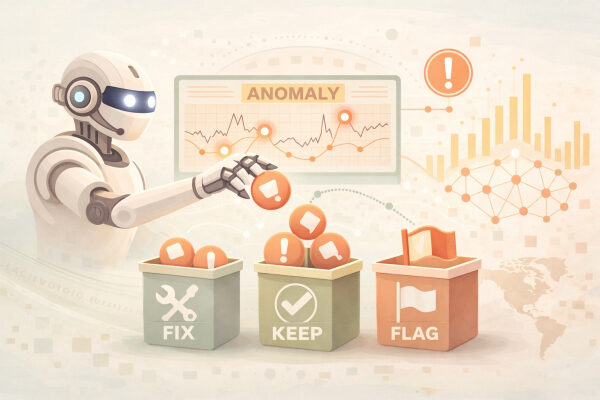 Робот анализирует данные, сортируя аномалии в категории: исправить, оставить, флаг.