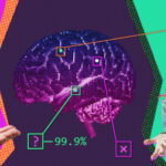 Яркое изображение мозга, игральных костей и вероятности, представляющее анализ данных.