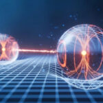 Квантовая запутанность: соединение двух частиц на фоне сетки, научная иллюстрация.