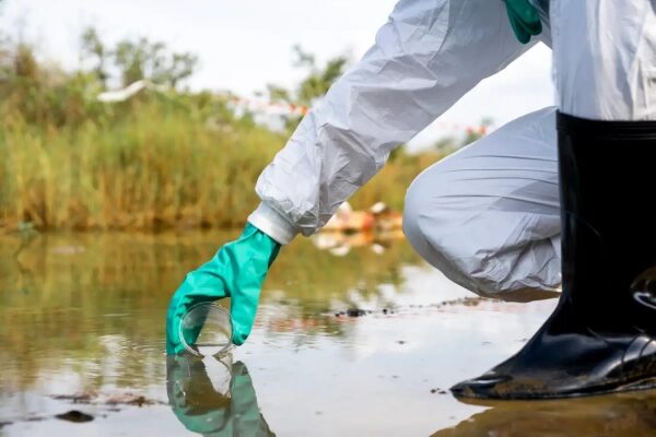 Человек в защитной одежде берет пробы воды из озера для анализа загрязнений.