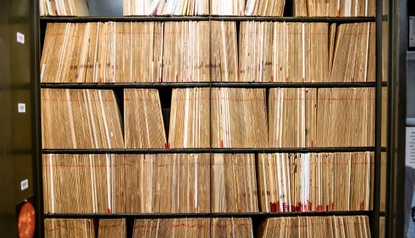 На вертикальных полках размещены сотни фотопластинок из стекла, покрытых бумагой.