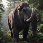 Воссозданный шерстистый мамонт в лесу, античный животный мир природы.