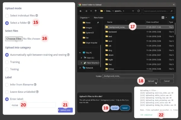 Автономное распознавание голоса на ESP32 с использованием Edge Impulse 8 Загрузка данных для распознавания голоса в Edge Impulse