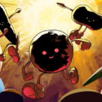 Антропоморфные чёрные дыры прыгают в космосе с улыбками и руками, яркий фон.