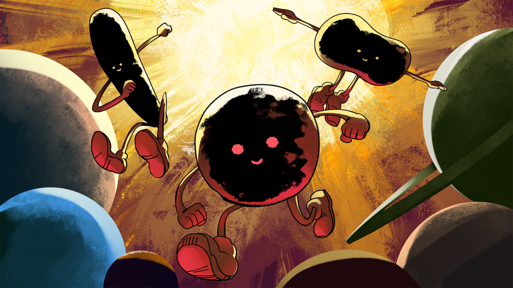 Антропоморфные чёрные дыры прыгают в космосе с улыбками и руками, яркий фон.