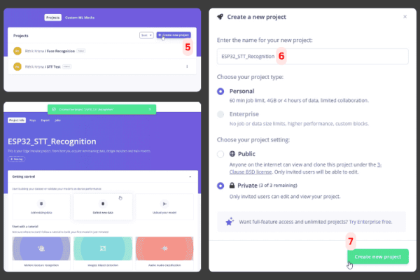 Автономное распознавание голоса на ESP32 с использованием Edge Impulse 5 Создание нового проекта в Edge Impulse