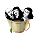 Три карикатуры философов в чашке чая с чайным пакетиком.