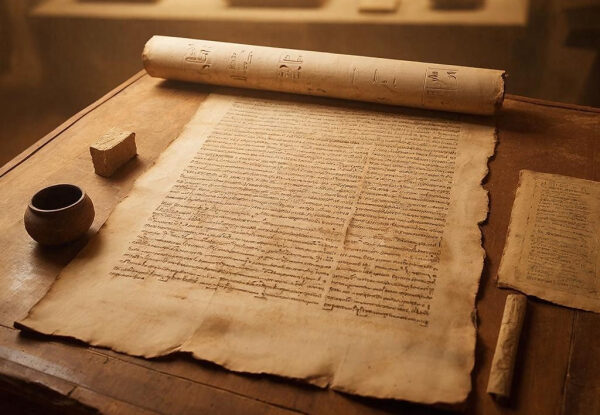 Учёные полагают, что древнеегипетские свитки подтверждают существование библейских гигантов 3 Старинный манускрипт на деревянном столе, рядом чернильница и свиток.