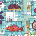 Иллюстрация еды и напитков с графиками и диаграммами на фоне для кулинарной аналитики.