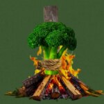Брокколи на костре, пародия на костёр ведьм, зелёный фон.