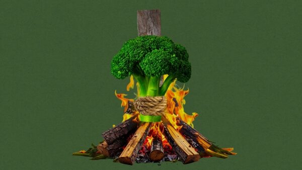Брокколи на костре, пародия на костёр ведьм, зелёный фон.