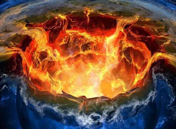 Огненный кратер на фантастическом пейзаже, окружённый водой и пылающим светом.