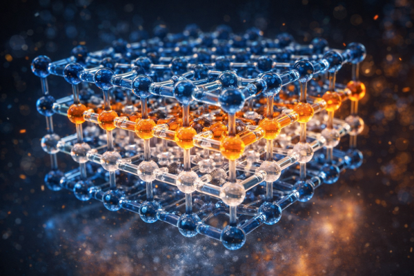 3D-структура кристаллической решётки с атомами разных цветов в молекулярной модели.