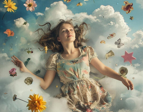 Девушка в воздушном платье лежит на облаках среди цветов и бабочек.