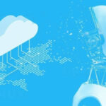 Искусственный интеллект соединяется с облачными технологиями на голубом фоне.