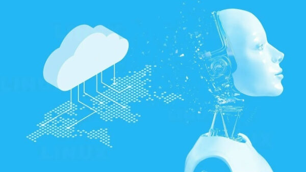 Искусственный интеллект соединяется с облачными технологиями на голубом фоне.