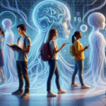 Студенты изучают данные на интерактивных экранах, окружены визуализациями мозга и нейронов.