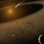 Космическая сцена с астероидами и кольцом вокруг звезды на фоне далекой планеты.