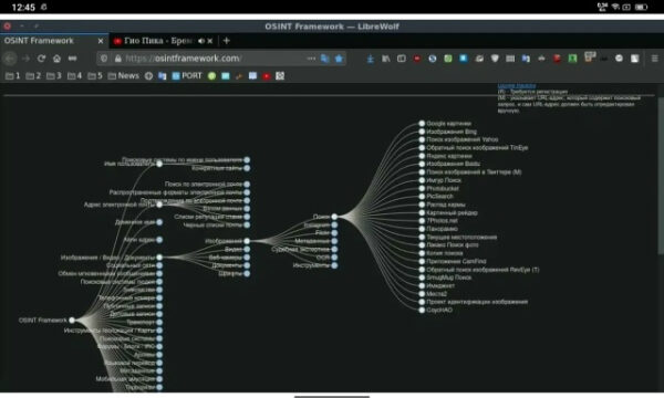 Реальные причины блокировок ТГ и западных соцсетей 5 Скриншот фреймворка OSINT в браузере LibreWolf с визуальными связями категорий.