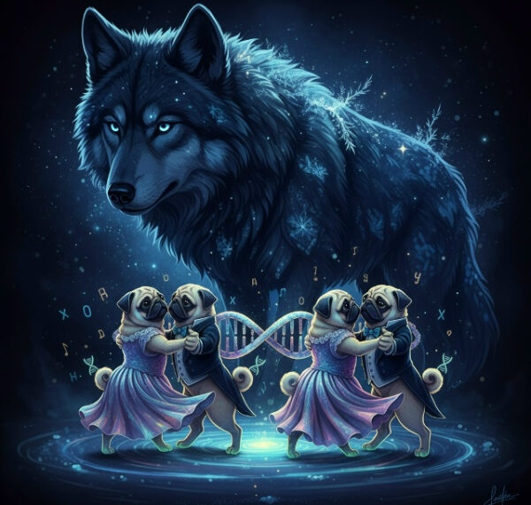 Собаки в одежде танцуют, за ними волк, светящийся узор поддерживает атмосферу.