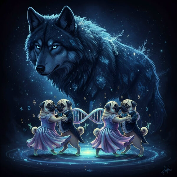 Когда в середине 19 века первый на свете генетик Грегор Мендель открывал свои законы, он ничего не знал о том, что такое хромосомы и гены, и поэтому был вынужден обходиться довольно абстрактным 2 Собаки в одежде танцуют, за ними волк, светящийся узор поддерживает атмосферу.