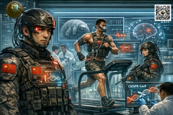 Киберсолдаты на тренировке в лаборатории, изучение CRISPR и генетических технологий.