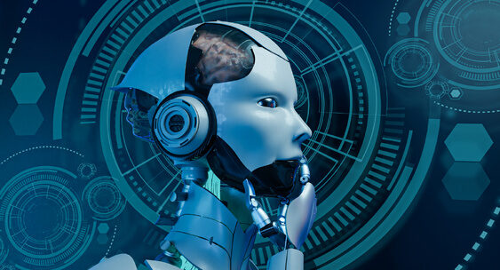 Иллюстрация искусственного интеллекта, робот размышляет, фон технологические элементы.