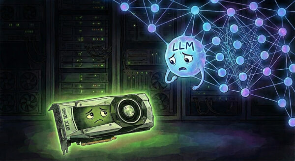 Грустная видеокарта и нейросеть LLM в серверной комнате, концепция взаимодействия ИИ.