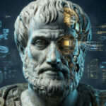 Статуя с кибернетическим глазом на фоне технологических чертежей и роботов.