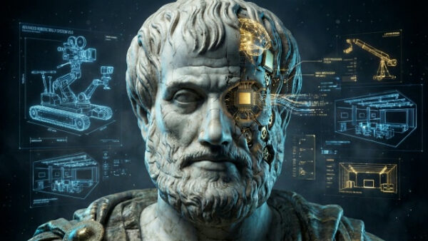 Статуя с кибернетическим глазом на фоне технологических чертежей и роботов.