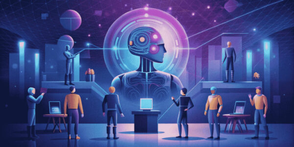 Футуристический робот с командой людей, обсуждающих технологии, искусственный интеллект.