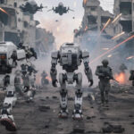 Роботы и солдаты в бою на улице разрушенного города, футуристическая военная сцена.