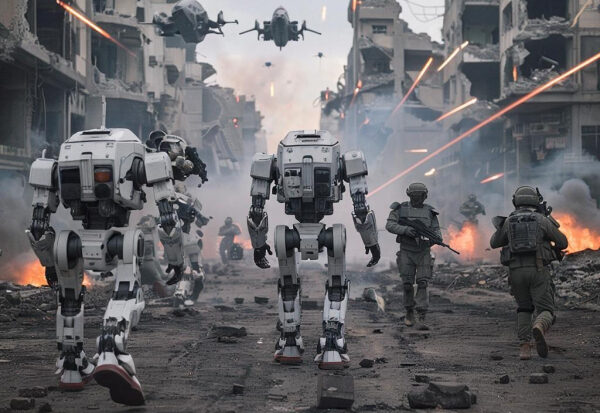 Роботы и солдаты в бою на улице разрушенного города, футуристическая военная сцена.