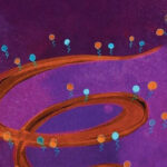 Абстракция с линиями и кругами на фиолетовом фоне.