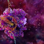 3D-модель молекулы ДНК в окружении белков на фиолетовом фоне.