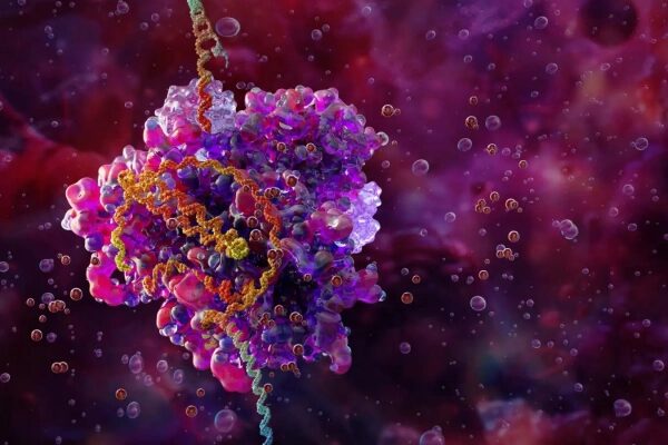 3D-модель молекулы ДНК в окружении белков на фиолетовом фоне.