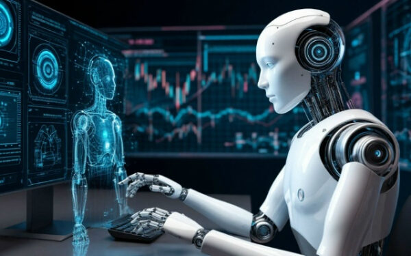 Робот взаимодействует с голограммой на фоне графиков и данных на экране.