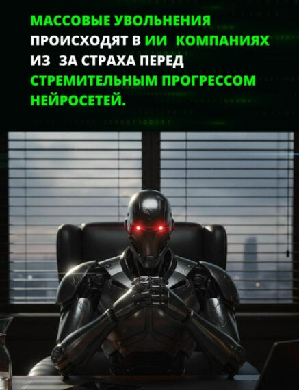 Робот с красными глазами в офисе символизирует страх компаний перед нейросетями и увольнения.