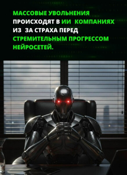 Робот с красными глазами в офисе символизирует страх компаний перед нейросетями и увольнения.