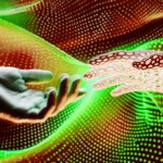 Рука человека и цифровая рука на фоне абстрактных ярких линий и точек.