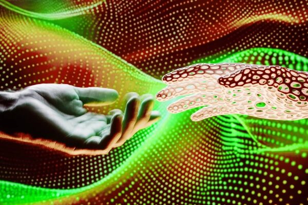 Рука человека и цифровая рука на фоне абстрактных ярких линий и точек.